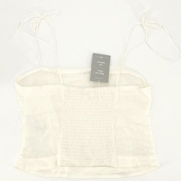 H&M Linen Crop Top Cami Women Size Medium Off White Tie Shoulder Straps Smocked - Picture 2 of 6